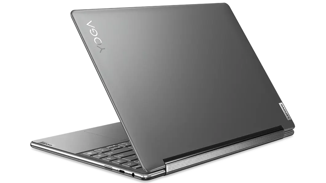 Yoga 9i Gen 7 en Storm Grey, en mode ordinateur portable, face arrière orientée vers la gauche