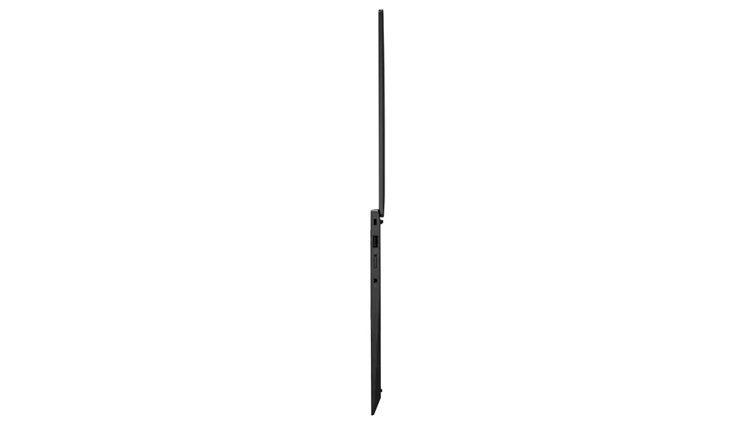 Vue du côté droit du portable Lenovo ThinkPad X1 Carbon Gen 10 ouvert à 180 degrés.