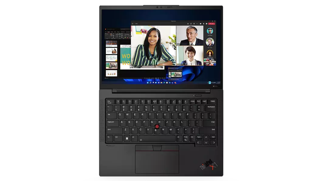Ansicht von Tastatur und Display des Lenovo ThinkPad X1 Carbon Gen 10 Notebooks von oben, um 180 Grad geöffnet.