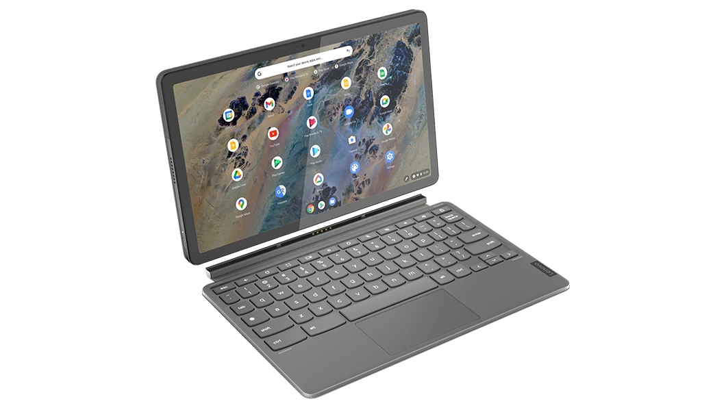 Vue de dessus du Chromebook Duet Lenovo Education Edition 2-en-1, montrant le clavier amovible et l’écran