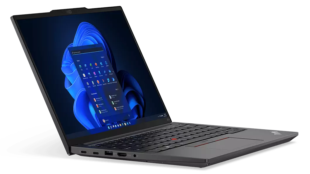Lenovo ThinkPad E14 Gen 5 (14" AMD) laptop in Graphite Black – angled front-left view, lid open, with Windows 11 menu on the display