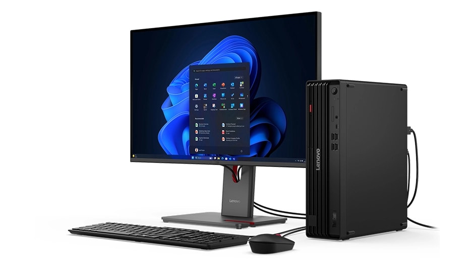 可選購的獨立 NPU 能加速 Lenovo ThinkCentre M90s Gen 6 SFF 桌上型電腦的 AI 工作，例如 4K 編輯和預測分析，並配備可選購的鍵盤和滑鼠。