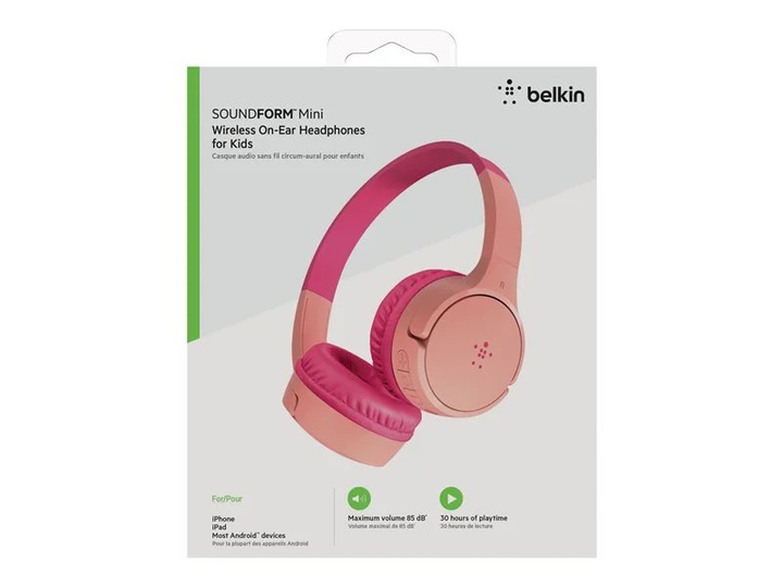 Belkin SoundForm Mini Cuffie On-Ear Con Filo Per Bambini – Volume Limitato A 85dB, Microfono Integrato, Adesivi Inclusi (Rosa)