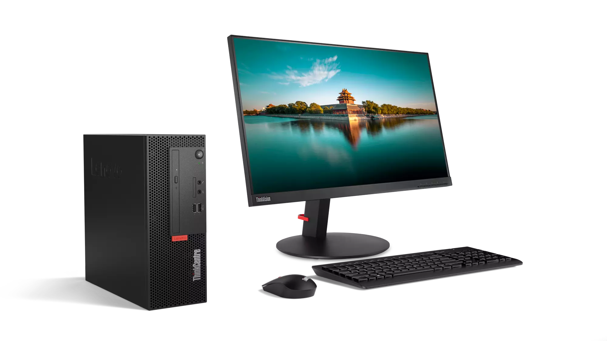 02_ThinkCentre M710e_with_KB_Mouse_Monitor_Hero_front_facing_Right
