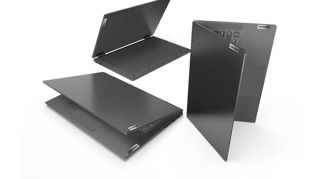 Tre IdeaPad Flex 5 bärbara datorer Grafitgrå i olika positioner