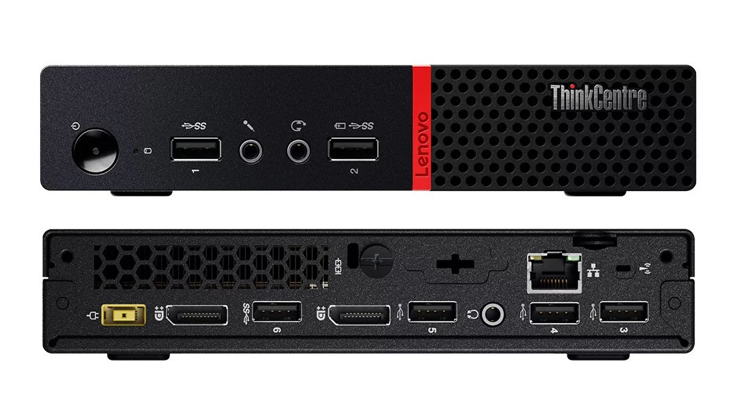 Voor- en achteraanzicht van Lenovo ThinkCentre M715q Tiny