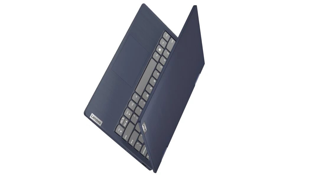 Overhead view of Abyss Blue Lenovo IdeaPad Flex 3 11 ADA open slightly and tilted to sit on its back left corner