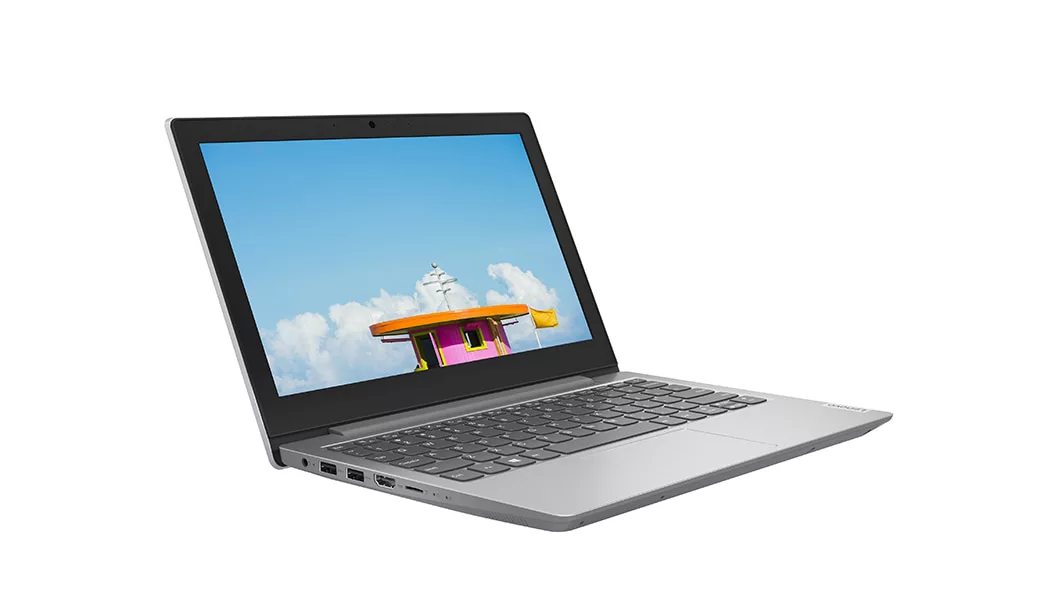 Aanzicht links van voren van de Lenovo IdeaPad S150-laptop (11, AMD) met toetsenbord en touchpad