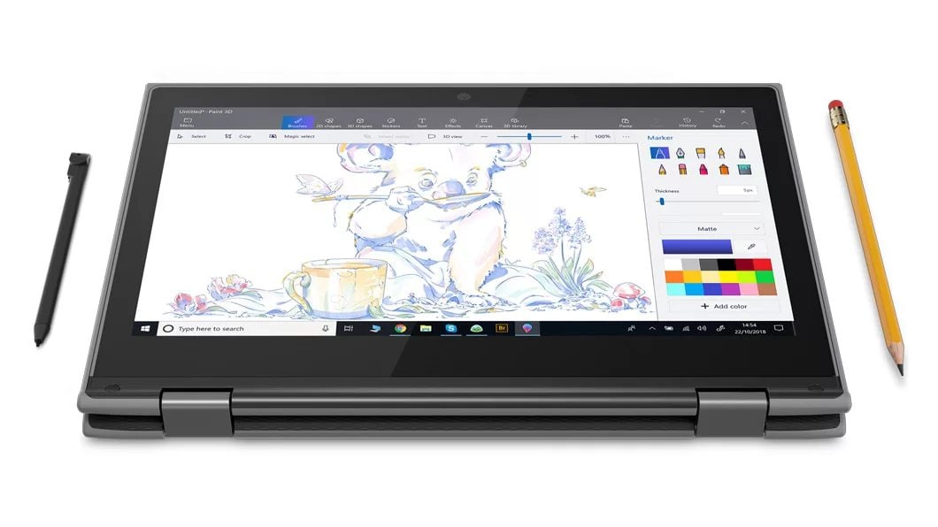 Windows-kannettava 300e tablettitilassa, kuva näytöstä ja Lenovo Active Pen -kynästä