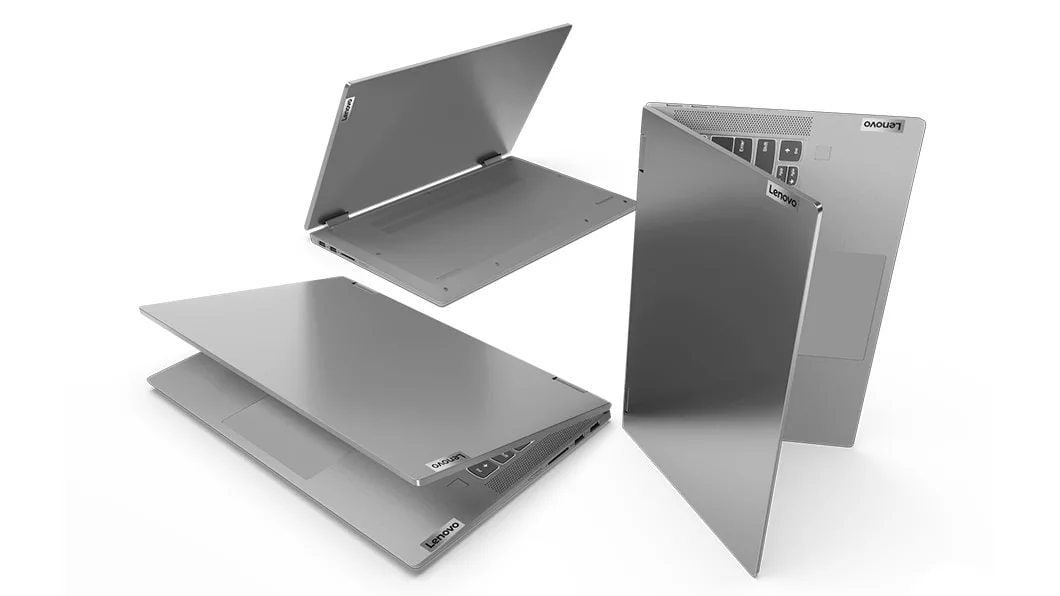 Three platinum grey IdeaPad Flex 5 laptops in various positions