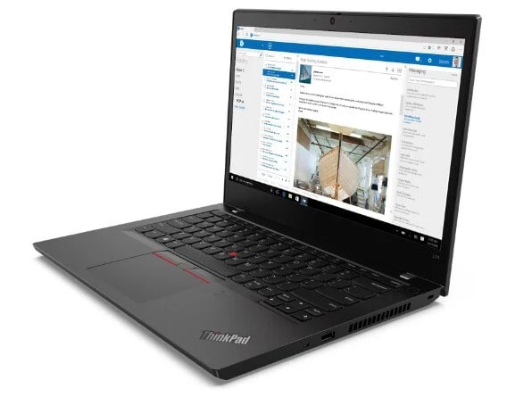 Front-view of Lenovo ThinkPad L14 Gen 2 (Intel) laptop open 90 degrees and angled to show right-side ports.