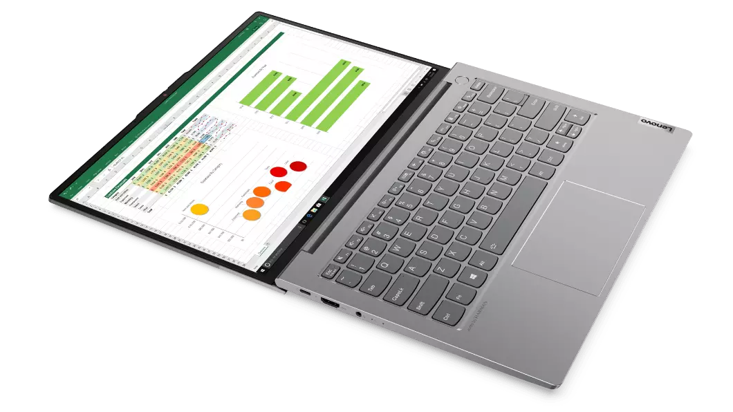 Laptop Lenovo ThinkBook 13s Gen 3 (13", AMD): vista superior con la tapa abierta y gráficos en la pantalla