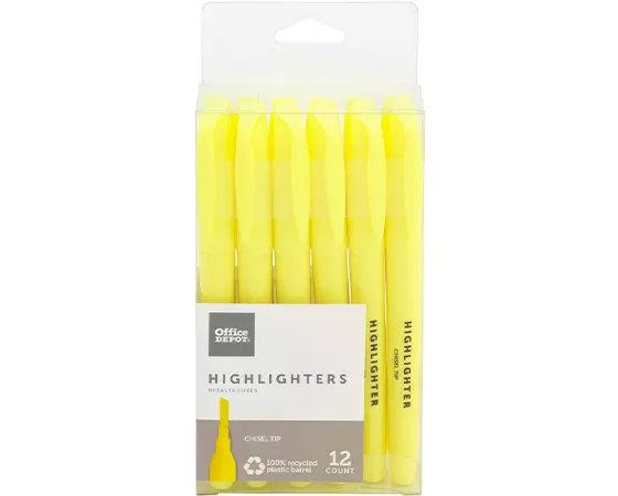 Office Depot Brand Pen-Style Highlighters, 100% Recycled, Fluorescent Yellow, Pack Of 12