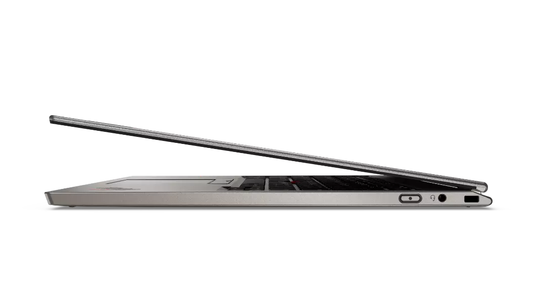 Thin right-side profile of Lenovo ThinkPad X1 Titanium Yoga laptop open 10 degrees.