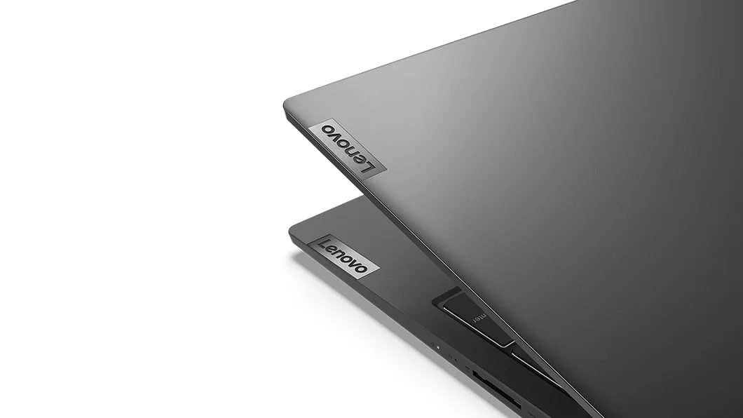Closeup of a corner of the IdeaPad 5 (15) AMD laptop, granite black color