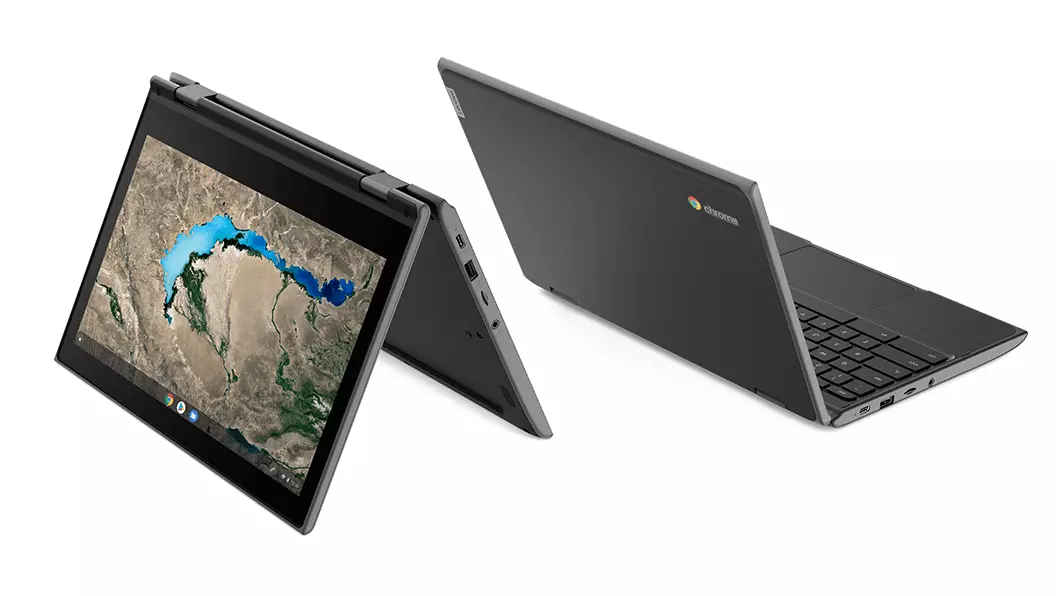 Vista posteriore del Chromebook Lenovo 300e AST di seconda generazione, in modalità tablet e posizione verticale