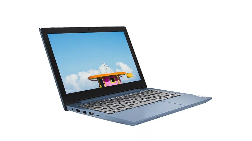 Left angle view of the Lenovo IdeaPad S150 (11) laptop, ice blue color.