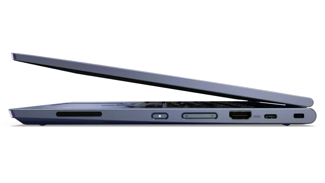 Right side view of the ThinkPad C13 Yoga Chromebook laptop folded at an acute angle