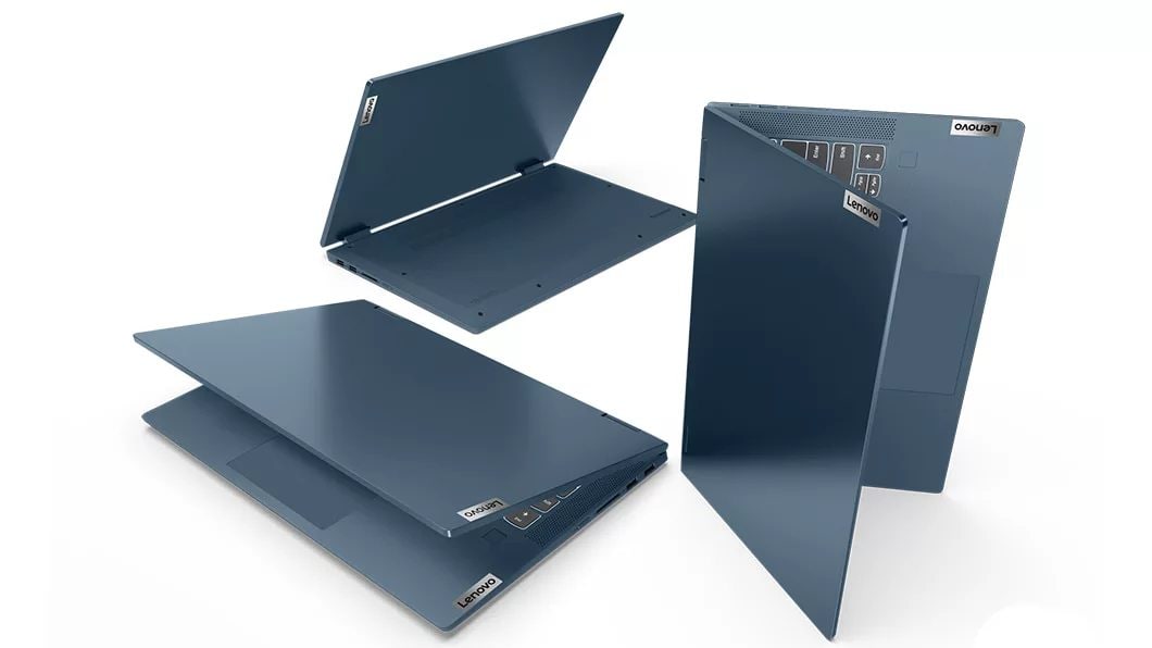 Tre IdeaPad Flex 5 bärbara datorer Ljusturkos i olika positioner