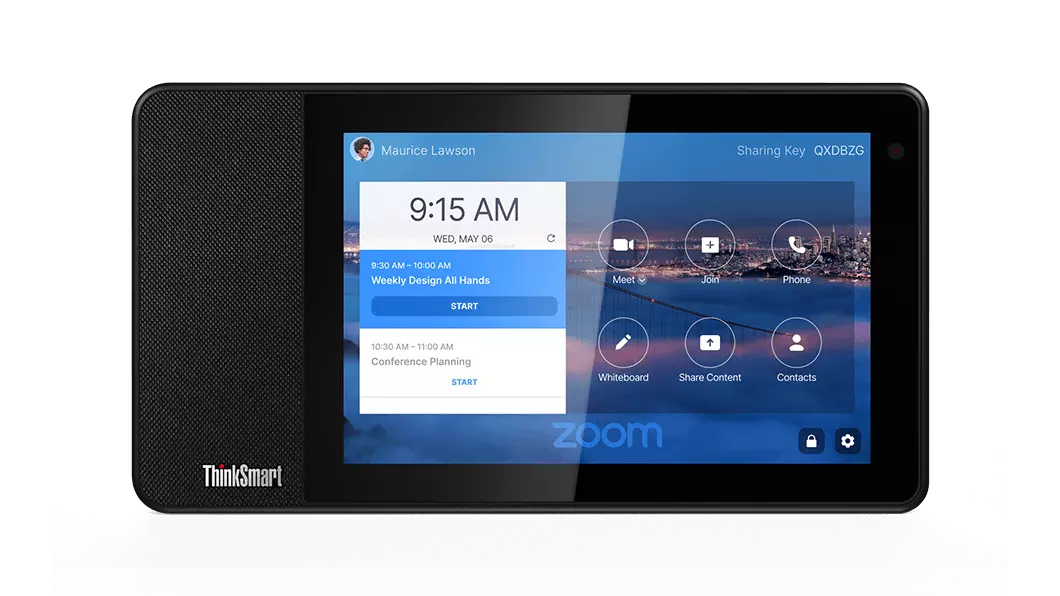ThinkSmart View for Zoom facing front, with Zoom controls on screen.