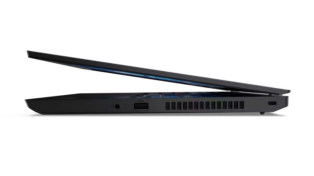 Vue de droite du portable Lenovo ThinkPad L14 Gen 2 (Intel) ouvert à environ 10 degrés.