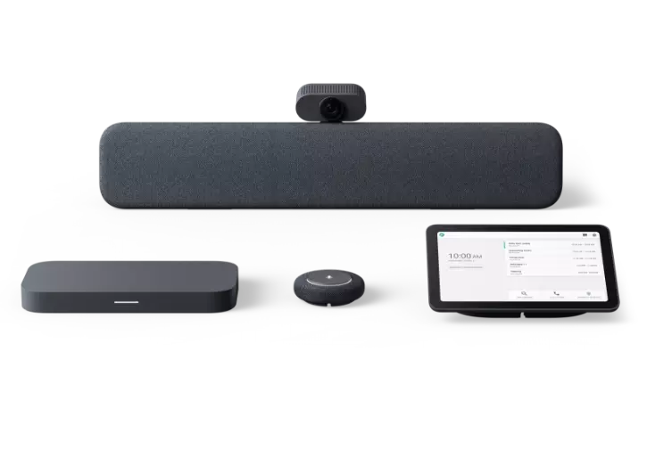 Lenovo ThinkSmart Google Meet Room Kit with speaker bar, standard camera, compute unit, microphone pod, and touch controller in Charcoal
