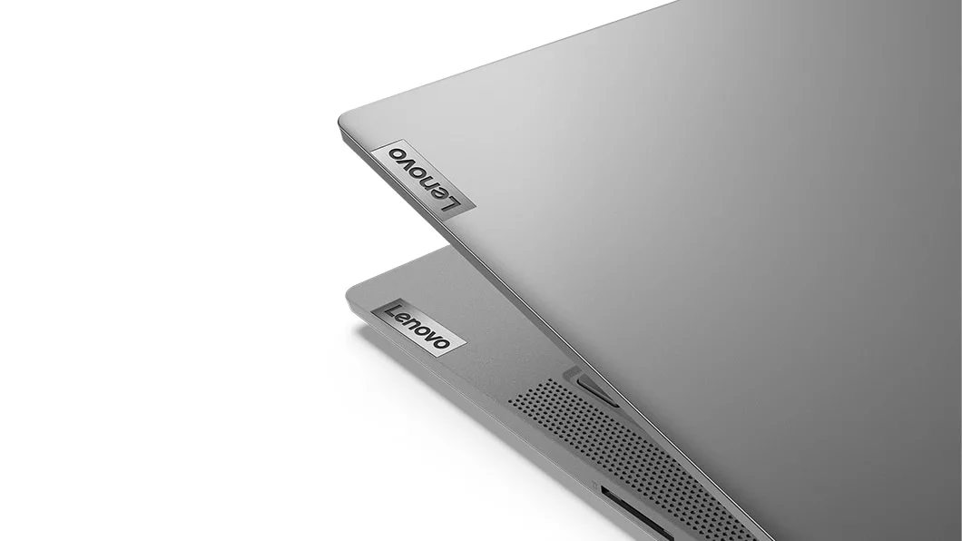 Lenovo IdeaPad 5 (14) AMD semi-closed showing brand logo in silver color