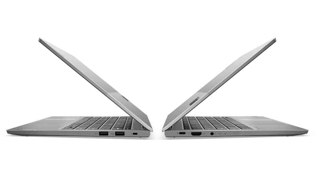 Two Lenovo ThinkBook 13s Gen 3 (13" AMD) laptops back-to-back, right and left side views, with lids partially open.