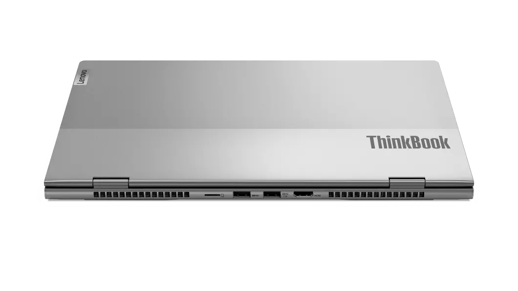 Imagen frontal de la bisagra de la laptop Lenovo ThinkBook 14p 2da Gen (14”, AMD) semicerrada