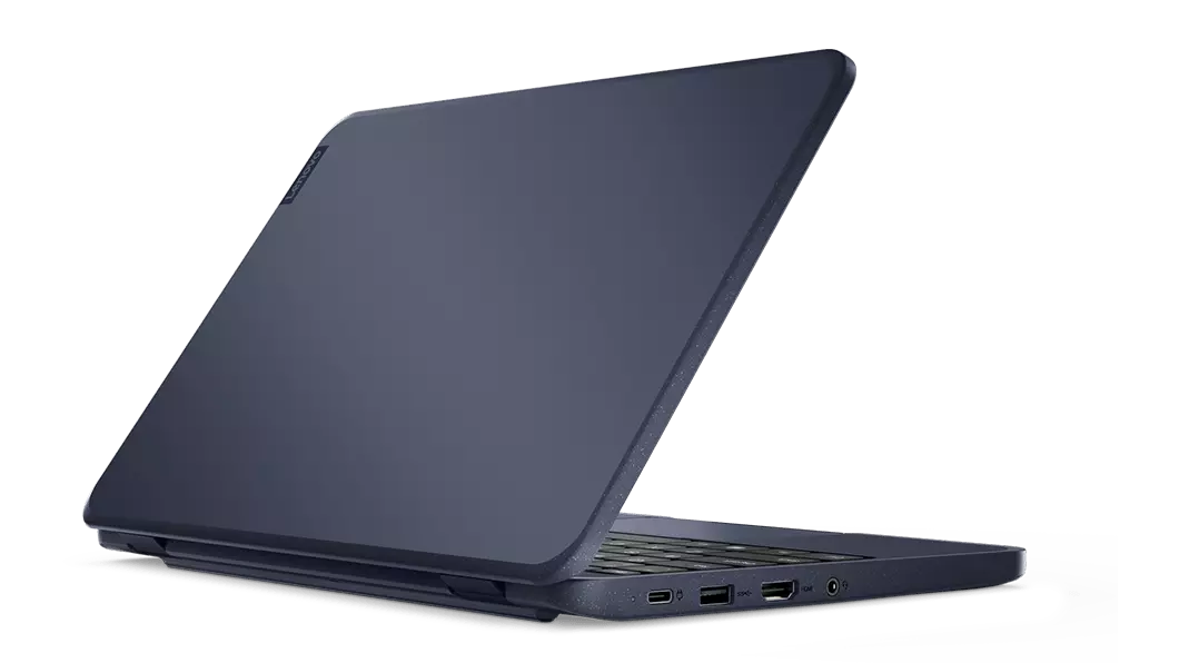 Rear view of Lenovo 100w Gen 3 laptop open less than 90 degrees, showcasing Blue with speckled finish. 