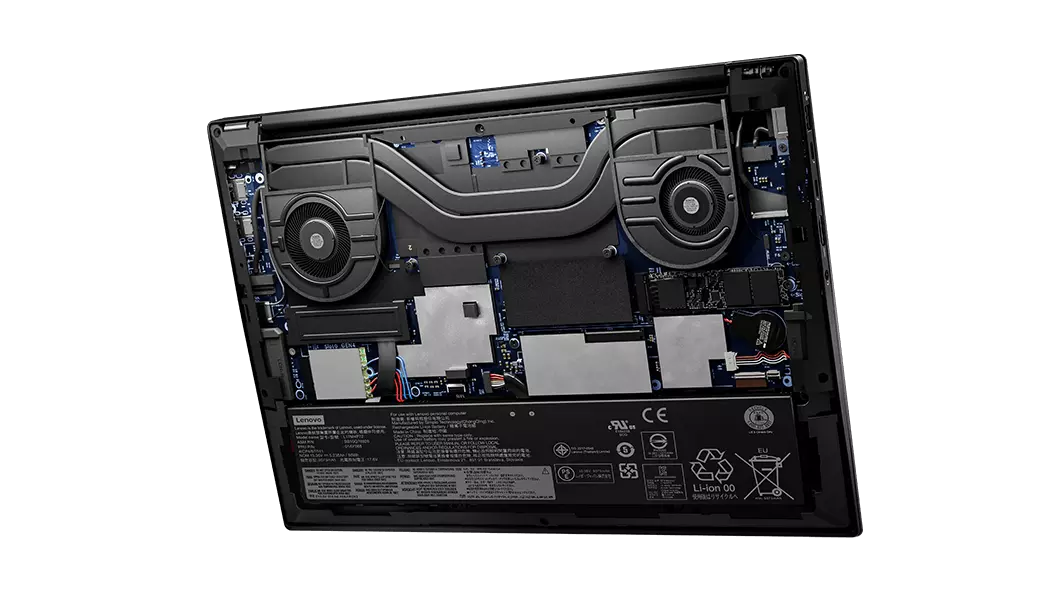 Innards of the Lenovo ThinkPad X1 Extreme Gen 4 laptop with bottom cover removed.