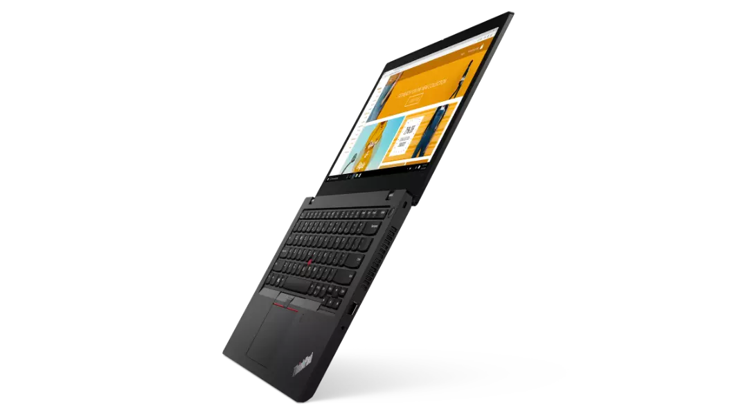 Lenovo ThinkPad L14 Gen 2 (14” AMD) laptop—right side view, tilted with lid open 180 degrees.