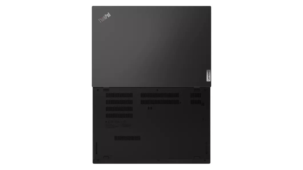 Overhead shot of back-side of Lenovo ThinkPad L15 Gen 2 (Intel) laptop open 180 degrees.