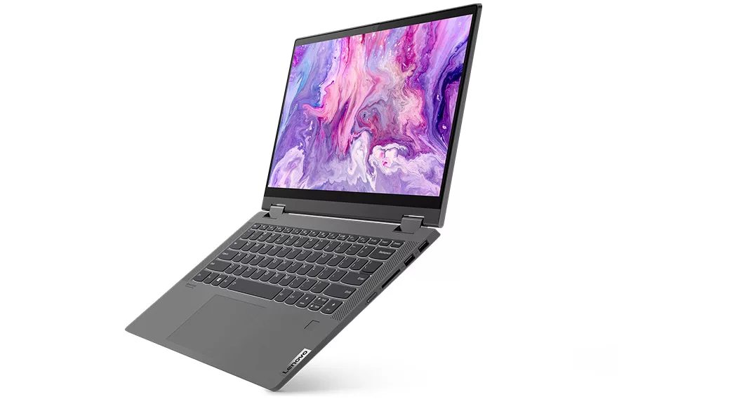 Right angle view of the graphite grey IdeaPad Flex 5 laptop