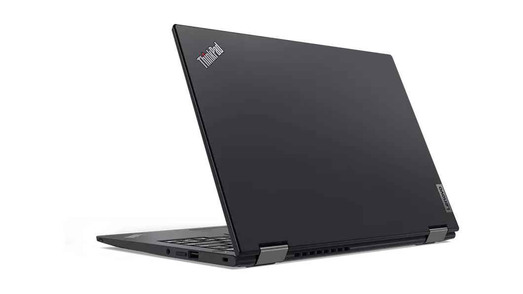 ThinkPad X13 Yoga Gen (13” , Intel) laptop – ¾ rear/right view, in laptop mode, with cover open