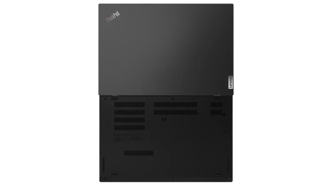 Lenovo ThinkPad L15 Gen 2 (15” AMD) laptop— bottom/rear view with lid open 180 degrees.
