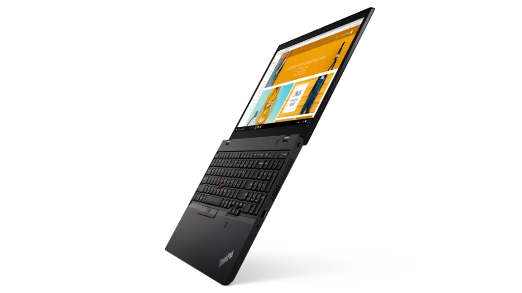 Lenovo ThinkPad L15 Gen 2 (15” AMD) laptop—right side view, tilted with lid open 180 degrees.