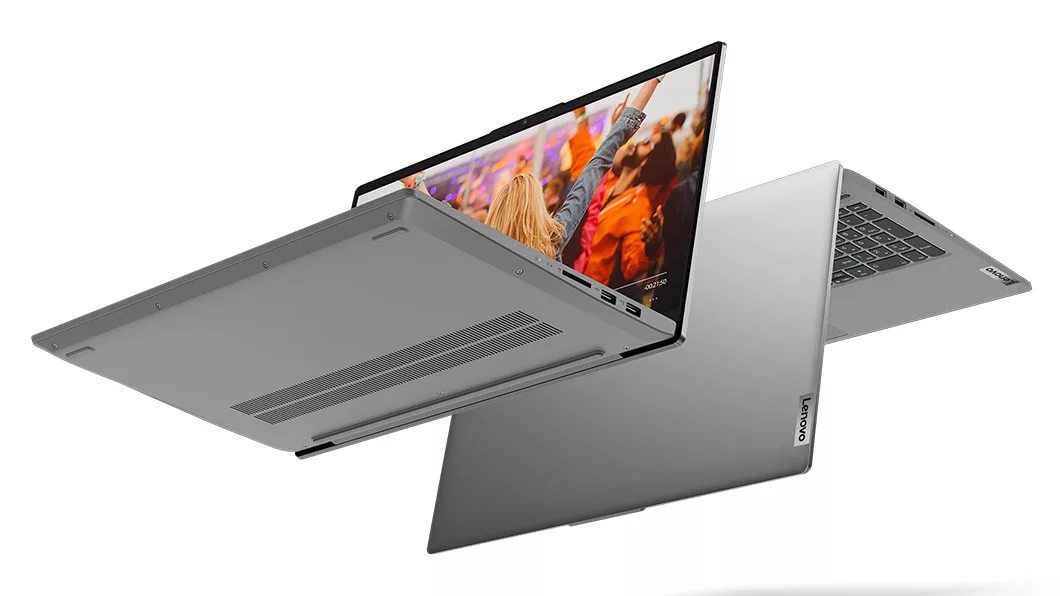 Bottom and upside-down views of the Lenovo IdeaPad 5 (15) AMD laptop