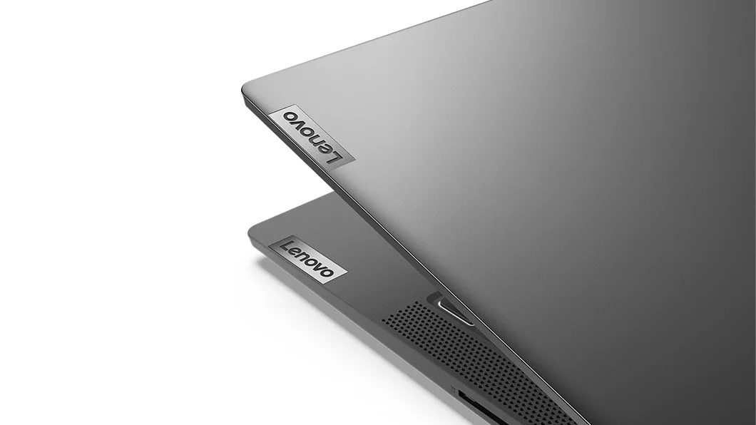 Lenovo IdeaPad 5 (14) AMD semi-closed showing brand logo in grey color
