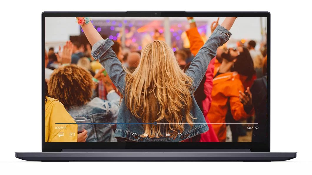 Vista frontal de la pantalla del Lenovo Yoga Slim 7 (38,1 cm, 15") reproduciendo música