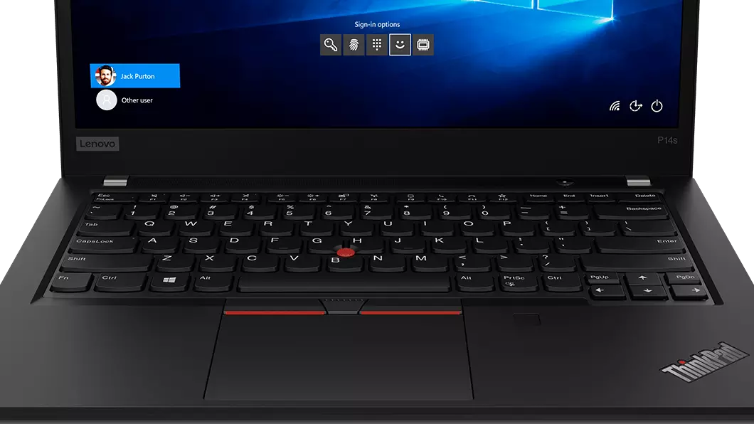 Lenovo ThinkPad P14s Gen 2 (14'' AMD) business laptop, top view showing keyboard, trackpad, & fingerprint reader