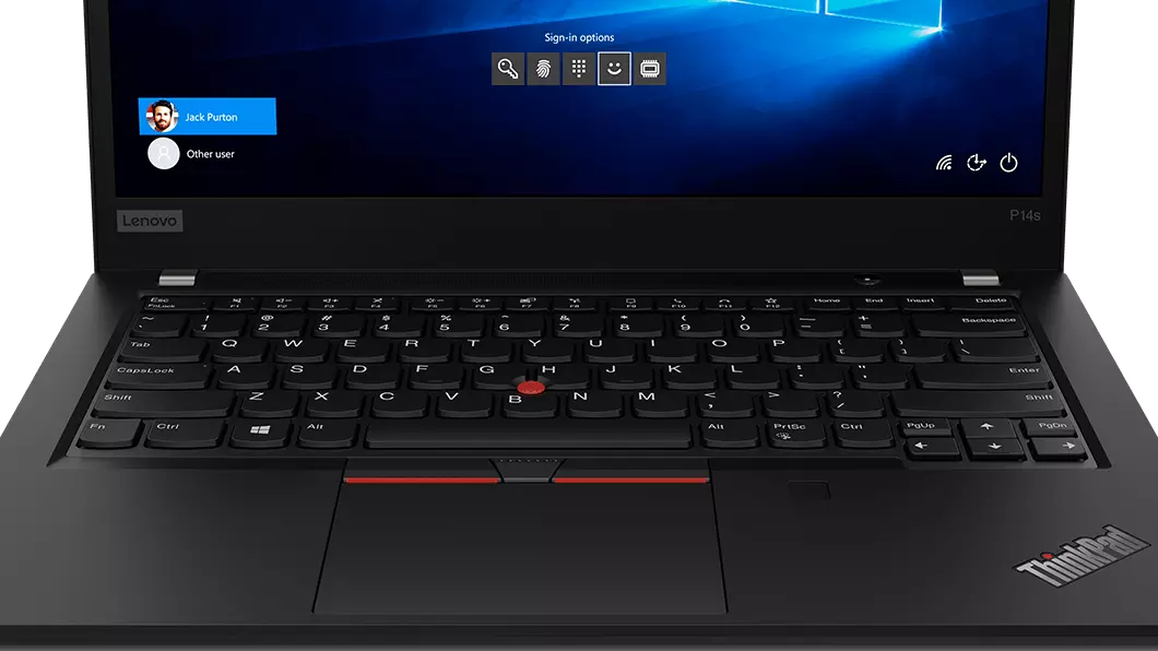 Lenovo ThinkPad P14s Gen 2 (14'' AMD) bärbar företagsdator, sedd ovanifrån med tangentbord, styrplatta och fingeravtrycksläsare