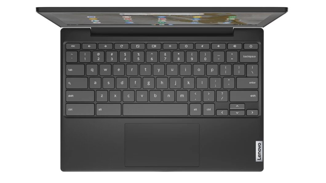 Lenovo IdeaPad 3 Chromebook 11 AMD top view with keyboard and partial display showing