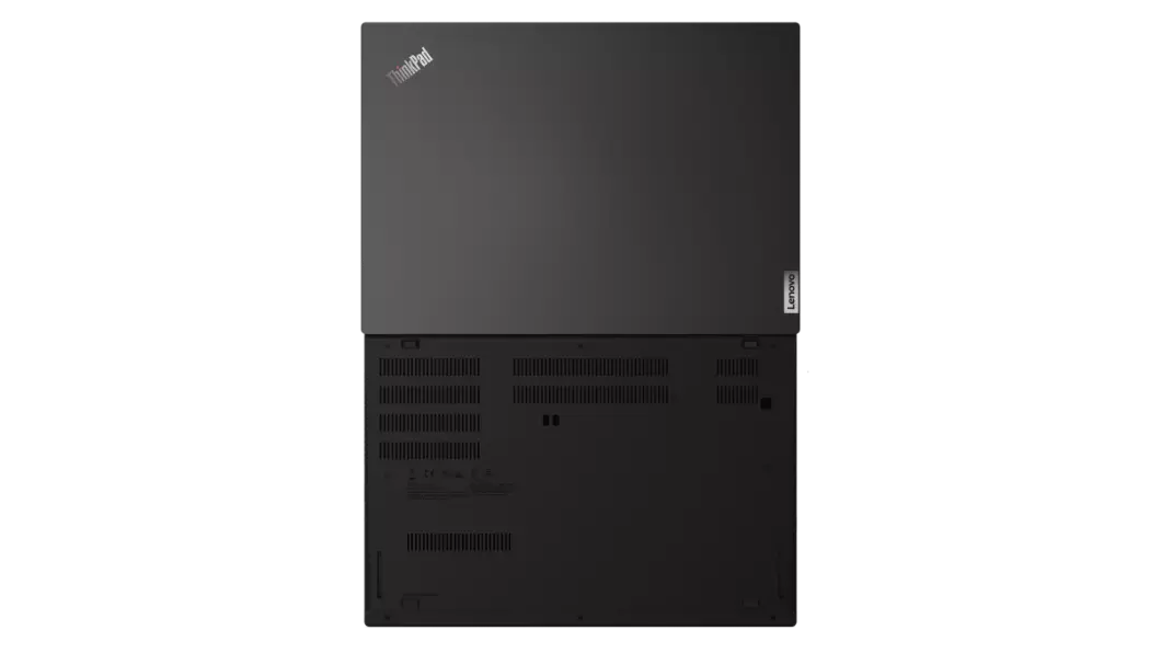 Overhead shot of back-side of Lenovo ThinkPad L14 Gen 2 (Intel) laptop open 180 degrees.