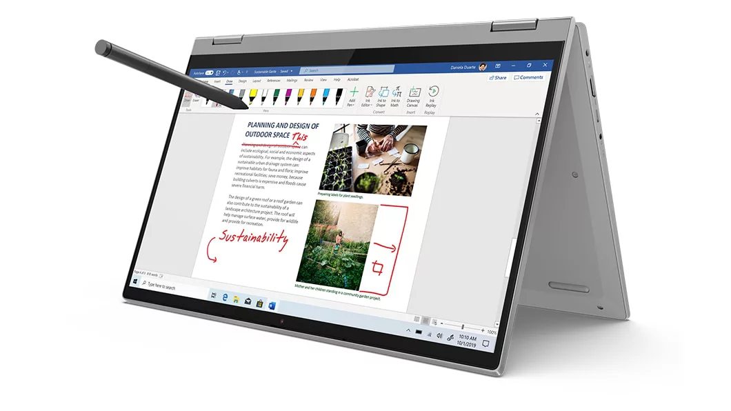 IdeaPad Flex 5 bärbar dator Platinagrå uppfälld med videouppspelning