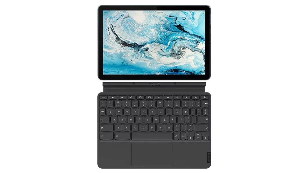 Top views of IdeaPad Duet Chromebook tablet and keyboard, detached