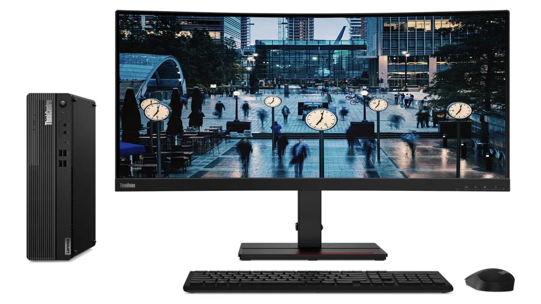 Lenovo ThinkCentre M70s next to monitor, keyboard and mouse