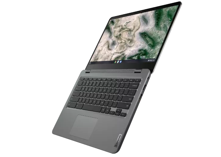 Vista izquierda del Chromebook IdeaPad 3 de 6.ª generación (35,56 cm (14'') AMD) completamente abierto