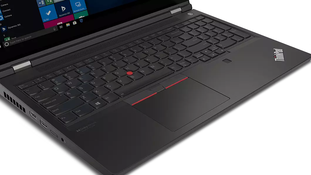 Close-up of keyboard on the Lenovo ThinkPad P15 Gen 2 mobile workstation, showing TrackPoint, TrackPad, numeric pad, ThinkPad logo, and Dolby Atmos insignia.