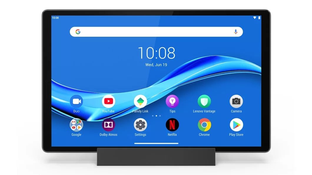 Front view of Lenovo Smart Tab M10 FHD Plus (2nd Gen) display attached to smart home hub